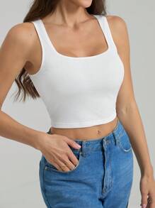 SHEIN Tall Summer White Simple Basic Versatile Square Neck Tank Top, Suitable For Many Occasions