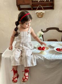 SHEIN LMoss Kids 女婴可爱百搭度假条纹连体裤，夏季 - 彩色 - 查看 4