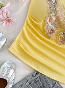 Soleia Cream Yellow Casual Vacation Western Beach Wedding Guest Graduation Brunch Women's Apparel St. Patrick's Day Spring Break Easter Music Festival Elegant Bohemian Tropical Graceful New Knit Texture Vacation Elegant Bustier Mesh Sequin Embroidered Blouse For Ladies - Yellow - View 4