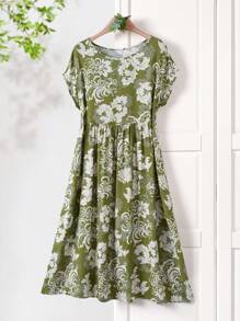 Rusticease Vestido casual midi asimétrico con bolsillo, de corte holgado y estampado vintage elegante para mujer - Verde - Ver 3
