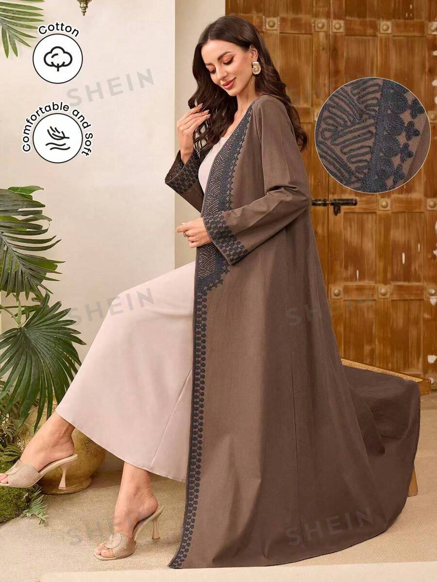 Al Najma Abaya árabe larga con bordado de color contrastante, bata modesta