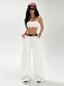 Coolane Oversize Street Stylish Versatile Women's Vintage Color Block Y2K Midriff-Baring Long Pants 2 Pieces Set - White - View 1