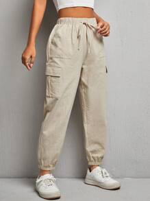 SHEIN PETITE Flap Pocket Side Drawstring Waist Cargo Pants - Khaki - View 6