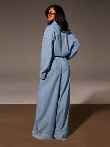 Athîral 女式秋季落肩长袖单排扣口袋休闲牛仔连体裤