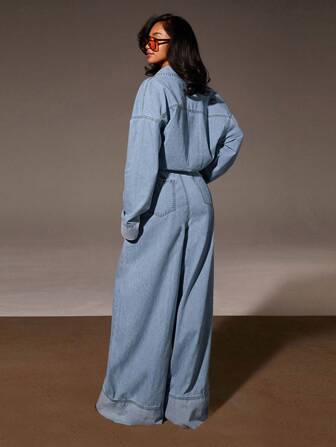 Athîral 女式秋季落肩长袖单排扣口袋休闲牛仔连体裤