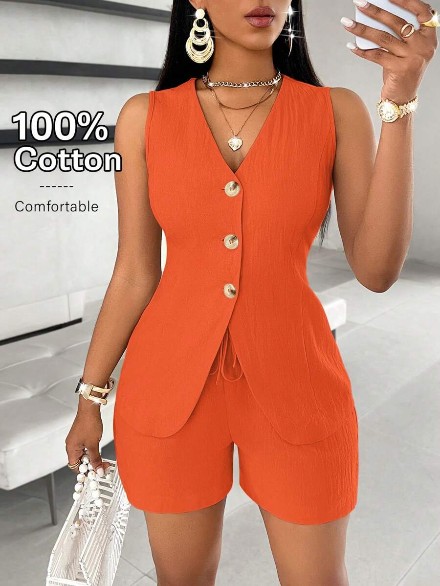 BamGleam Solid Button Front Vest Blazer & Shorts - Orange - View 1