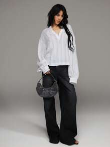 TRNVIE Bluză lejeră de vacanță, din jacquard, cu dungi transparente, cu jumătate de plăcuță, pentru femei