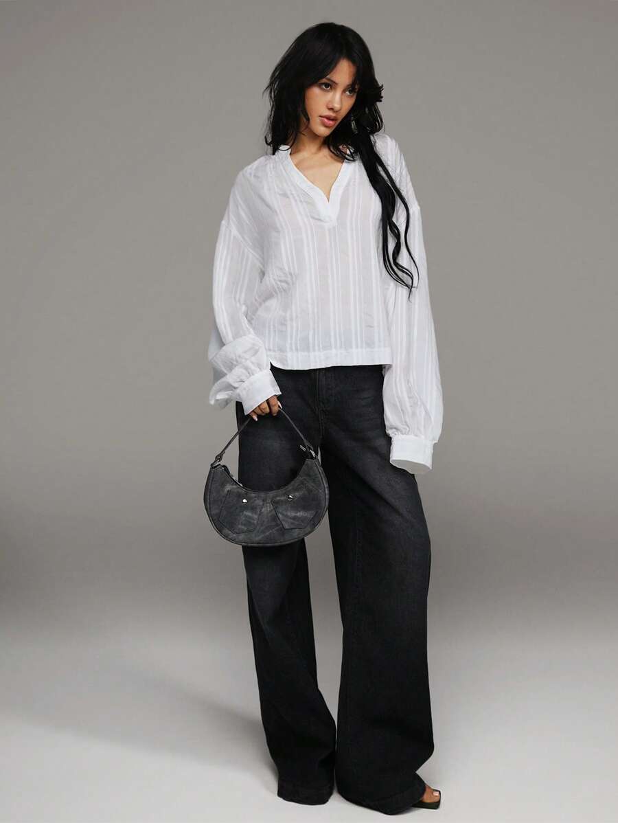 TRNVIE 女士透明条纹提花休闲度假宽松半襟衬衫 - 白色 - 查看 1