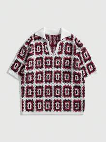 ROMWE MEN Casual Men's Loose Raglan Geometric Pattern Hollow Knitted Short Sleeve Sweater,Vacation - White - View 1