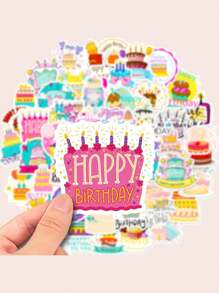 50张4.8cm*5cm卡通生日蛋糕和生日快乐蜡烛涂鸦贴纸，个性化装饰，适用于吉他、笔记本、手提箱、手提电脑、摩托车、滑板、水杯，适合母亲节、生日装饰。 - 彩色 - 查看 7