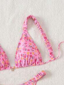 SHEIN Swim 女款夏季海灘度假泳衣套裝，蝴蝶結裝飾隨機印花抓皺肩帶泳衣 - 粉色 - 查看 3