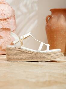 Styleloop Sandalias de cuña de lona con cordones de estilo bohemio para mujer - Blanco - Ver 8