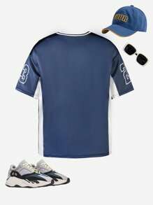 SHEIN Teen Boys' Numbers Print V-Neck Short Sleeve Casual T-Shirt - Blue - View 2