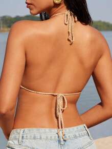 SHEIN X Sofía Suescun SHEIN Swim 女士度假性感罩衫露背上衣，适合夏季海滩 - 米色 - 查看 2