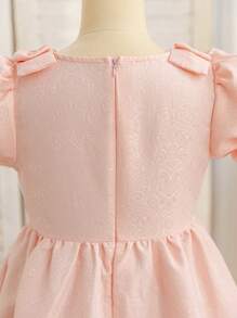 SHEIN Glamorique Kids 青春期前/青春期女孩缎面双褶饰蝴蝶结肩部礼服，粉色 - 粉色 - 查看 4