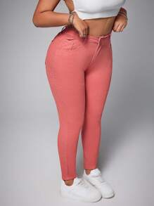 SHEIN EZwear 加大码深色水洗猫爪印花高弹紧身牛仔裤女式夏季节日服装休闲牛仔裤 - 玫紅色 - 查看 3