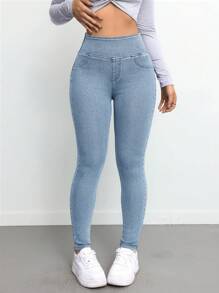 SHEIN ICON 女士牛仔裤 性感弹力裤 蓝色 女式高腰牛仔裤 牛仔裤 瑜伽裤 喇叭裤 保暖女式紧身裤 女式紧身裤 女式紧身裤 保暖女式紧身裤 女式紧身裤 女式高腰裤 - 淺色水洗藍 - 查看 7