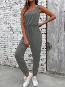 EMERY ROSE Women's Solid Color Jumpsuit With Adjustable Straps And Ankles, Simple And Stylish For Summer - Grey - View 4