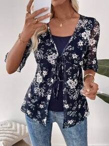 EMERY ROSE 女士花卉印花前系带短袖时尚旅行 T 恤 - 藏蓝色 - 查看 4