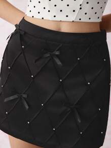 SHEIN MOD Falda acampanada con acento de lazo con tachas en estampado de cuadros
