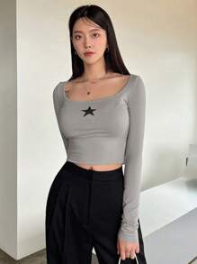 DAZY Star Print Scoop Neck Crop Tee Y2k Festival