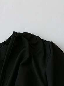 Flirla 2pcs Set: Plus Size Solid Color Short Sleeve V-Neck Bodysuit And Elastic Waist Long Pants - Black - View 3