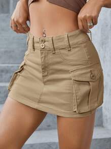SHEIN ICON 女士休闲低腰超短工装口袋牛仔半身裙 - 卡其色 - 查看 5
