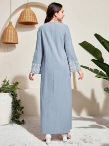 SHEIN Leap Crew Teen Girls Hazy Blue Elegant Floral Retro Patterned Robe, Vacation Wear, Spring/Summer - Dusty Blue - View 2