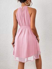 Firerie 女士度假休闲褶皱纯色挂脖迷你连衣裙 - 粉色 - 查看 2