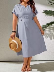 SHEIN LUNE Đầm tay cánh dơi cổ lỗ khóa sọc thường ngày cỡ lớn - Xanh và trắng - Xem 3