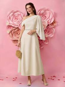 Modelyn Elegant Women's Banquet Apricot Skew-Shoulder Chiffon Lotus Sleeve Dress,Autumn Wedding Guest Dining Festival Clothes,Old Money Modest Summer Gown - Apricot - View 11