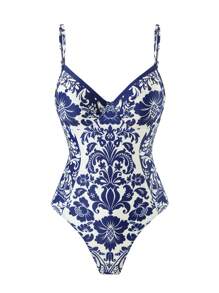 Swim Chiccia Beach Summer One-Piece Swimsuit With Floral Retro Print, Blue Gathered Design, Elegant And Classy Women Swimwear For Holiday - Blue - View 6