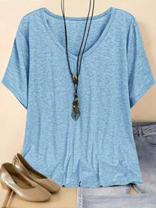 SHEIN CURVE+ Plus Size Women V-Neck Short Sleeve Casual Loose T-Shirt