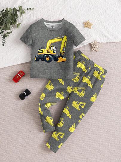 SHEIN Toddler Boy Excavator Print Casual Minimalist Snug Fit Comfortable Round Neck Short Sleeve Pants Pajamas, Suitable For All Seasons