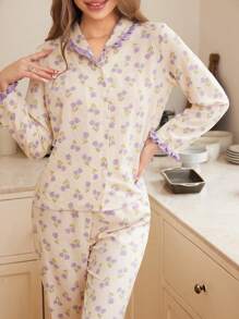 SHEIN Leap Crew 2 件套青少年女孩甜美花卉图案长袖上衣，带荷叶边领和宽松直筒裤休闲睡衣家居服 - 淡紫色 - 查看 3