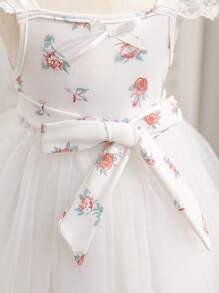 SHEIN Glamorique Kids Vestido de fiesta de manga de tul con estampado floral de rosa para niña bebé