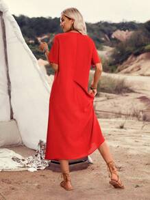 LanaWest Women's Solid Color Embroidery H-Shape Casual Country Vacation Daily Simple Basic T-Shirt Dress - Burnt Orange - View 2