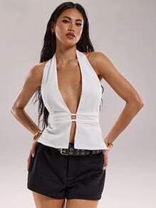 SHEIN BAE 女士休闲牛仔衬衫，简约风格适合夏季 - 白色 - 查看 1