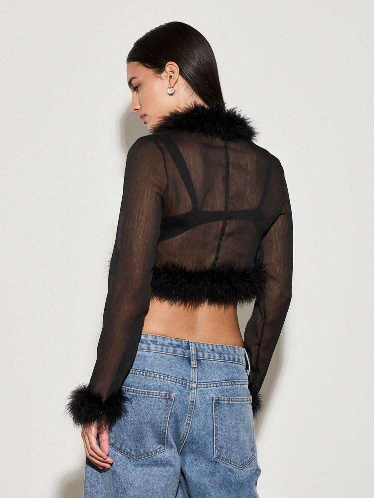 Mesh Cropped Blouse With Fur Trim And Front Tie