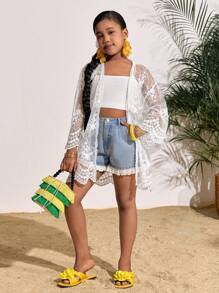 SHEIN Cubrecuerpo con estilo kimono de encaje bordado, prenda de vestir casual para resort, para niñas preadolescentes - Blanco - Ver 5