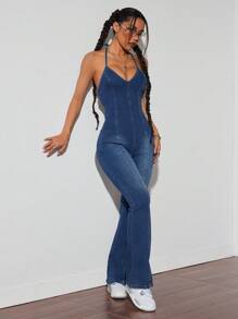 SHEIN ICON Mono vaquero con cuello de halter sin espalda ceñido para mujeres