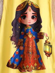 Tween Girl' Ramadan Middle East Print, Cap Sleeve Shoulder Bow Decor Dress - Multicolor - View 3