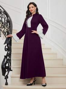 Al Najma Robe de femme tissée style arabe en patchwork noir et blanc, élégante robe style ligne A arabe pour soirée, invité de mariage ou anniversaire, sobre