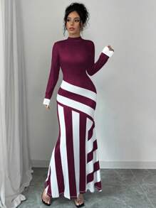 Chiquease Women's Black & White Geometric Striped Print Bodycon Dress, Autumn/Winter Maxi Women Outfit Fall Cloth For Women - Burgundy - View 3
