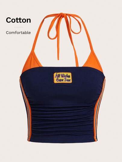 SHEIN ICON Y2k 夏季服装休闲拼色短款上衣，搭配 Bikercore 字母刺绣撞色绑带吊带，修身版型