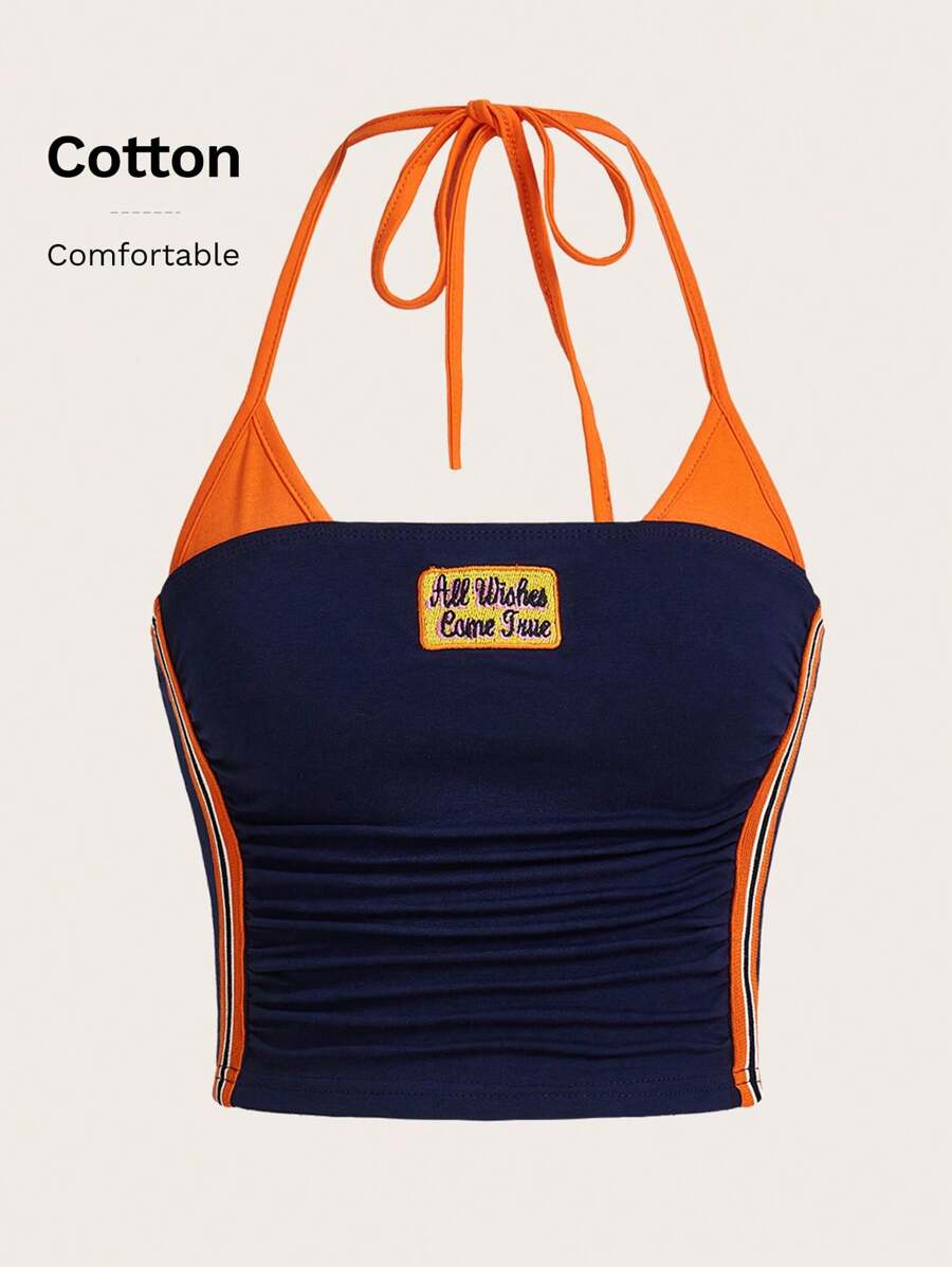 SHEIN ICON Y2k Summer Outfits Casual Color-Block Crop Top With Bikercore Letter Embroidery Contrast Binding Halter, Slim Fit - Navy Blue - View 1