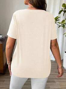 EMERY ROSE Plus Size Women Crisscross Neck Short Sleeve T-Shirt, Summer - Beige - View 2