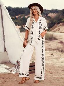 LanaWest Women Graphic Print Standard Fit Shirt + Wide Leg Pants 2 Pieces Casual Suit, Suitable For Vacation And Daily Wear - Apricot - View 1