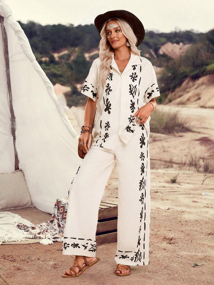 LanaWest Women Graphic Print Standard Fit Shirt + Wide Leg Pants 2 Pieces Casual Suit, Suitable For Vacation And Daily Wear - Apricot - View 1