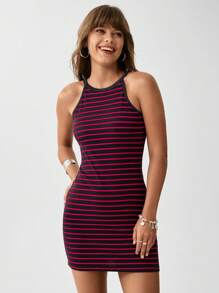 SHEIN LUNE Sọc & In Thon gọn Halterneck Đầm - Đỏ - Xem 5